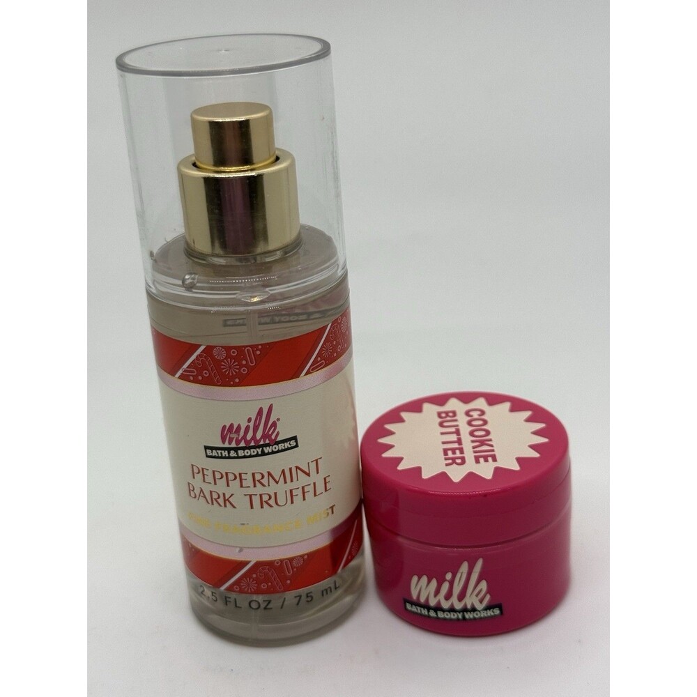 2 Bath & Body Works Milk Peppermint Bark Truffle Mist 2.5oz, Lip‎ Scrub Cookie